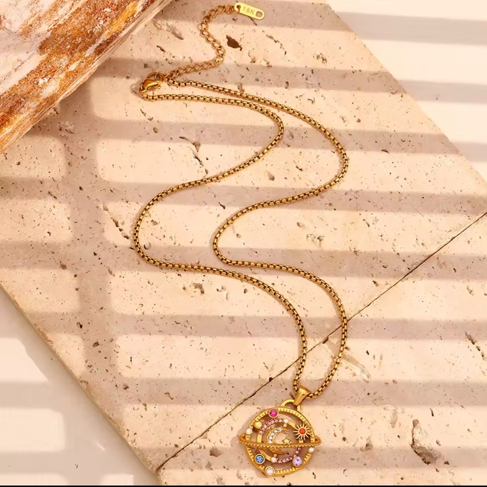 Colorful Rhinestone Moon Star Planet Necklace Stainless Steel 18K Gold Plated - Picture 3 of 8